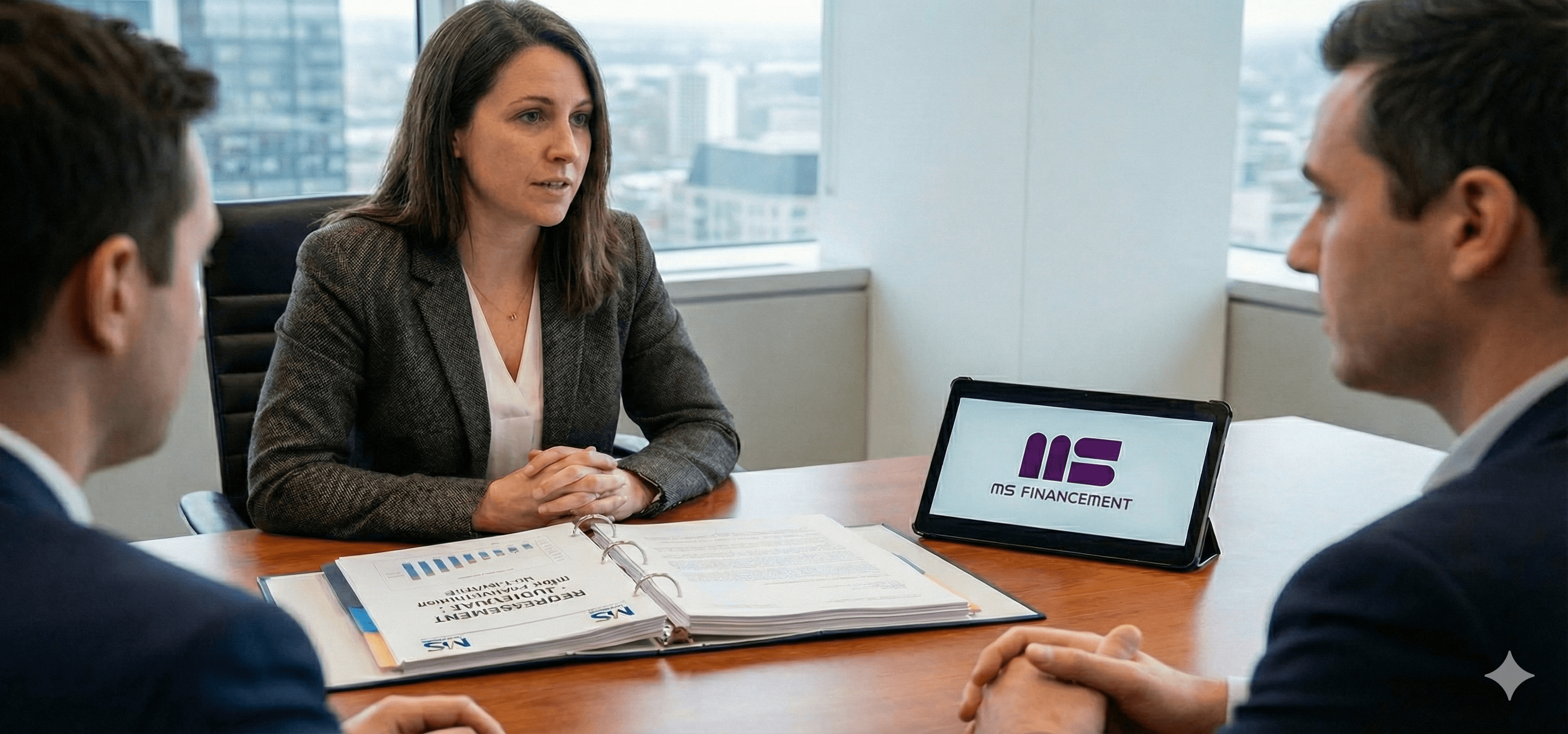 Avis de redressement judiciaire tenu en main avec logo MS Financement - Expert en restructuration et procédure collective